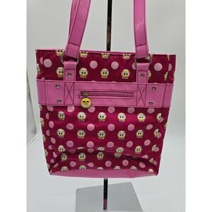 Pink Polka Dot Emoji Tote Bag With Smiley Charm